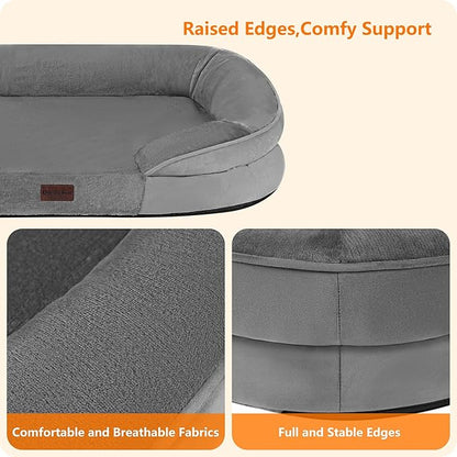 Dwanton Orthopedic Dog Bed for Large Dogs with Gel Memory Foam, Waterproof Dog Sofa, Washable Pet Bed with Four Sided Bolster Cushion, Removable Cover & Non-Slip Bottom, 42", Medium Gray
