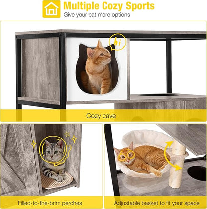 Aivituvin Cat Litter Box Enclosure, Litter Box Furniture Hidden, Wooden Cat Washroom Furniture, Indoor Cats House with Condo, Hammock, Scratching Mat and Storage Shelves-Greige