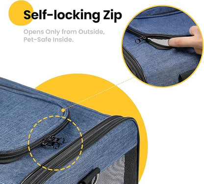 Cat Carrier Airline Approved, Soft-Sided Dog Carrier with Inner Safety Leash, Pet Transport Carrier for Small-Medium Cats Puppies up to 15 Lbs, Collapsible Travel Kitten Carrier Bag -Blue M