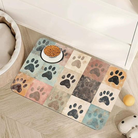 Cute Cat Paw Print Dog Food Mat for Floors,Vintage Absorbent Pet Food and Water Bowl Mats,Non-Slip Pet Feeding Mat,Pet Supplies 16" x 24"