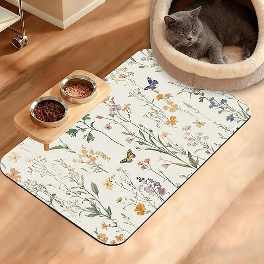 Wildflowers Butterfly Dog Cat Food Mat,Plants Absorbent Waterproof Placemat for Food and Water Non Slip Rubber Backing Durable Feeding Pad for Clean Floors 16" x 24"