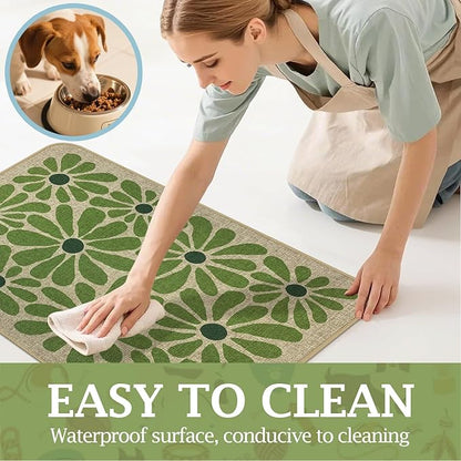 SHIYUE Dog Food Mats for Floors, Absorbent Cat Bowl for Food and Water, Non-Slip Accessories Pet Supplies(12"x20",Green Flower)
