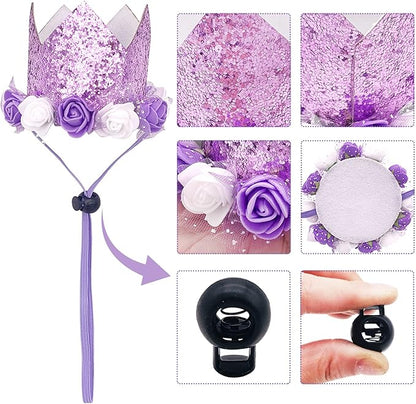 PET SHOW Purple Crown Dog Birthday Party Hat for Girls Reusable Party Supplies Cat Kitten Headband with 0-9 Figures Charms Costume Accessories with Glue