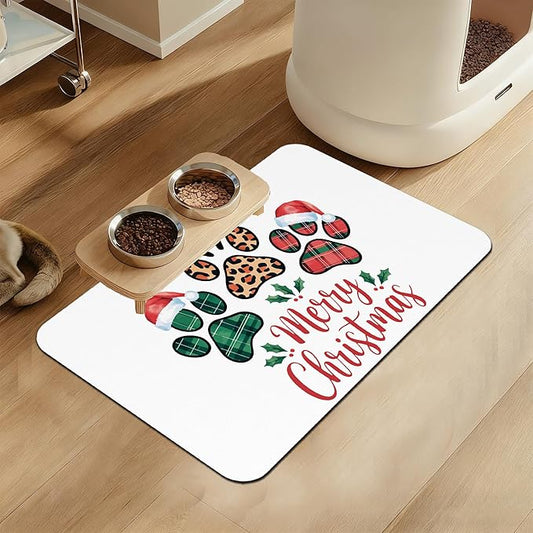 Dog Christmas Dog Food Mat–Christmas Stocking Absorbent Quick Dry Feeding Placemat for Food and Water Bowls, Non Slip Rubber Backing, Waterproof Pet Supplies for Mess-Free Eating 12"x20"