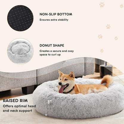 Sweetcrispy Donut Dog Bed, Large Round Calming Cat Bed with Washable Waterproof Cushion, Anti-Anxiety & Anti-Slip Fluffy Cuddle Cozy Faux Fur Plush for Pet Puppy Indoor Sleeping (30.7"x30.7", Gery)