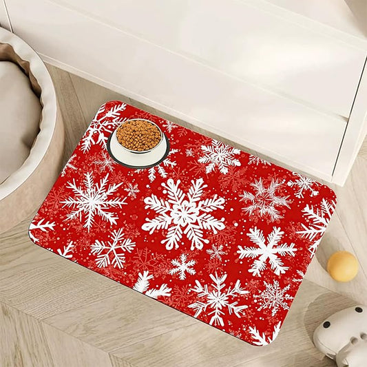 Christmas Dog Food Mat for Floors,Snowflake Absorbent Pet Food and Water Bowl Mats,Non-Slip Pet Feeding Mat,Pet Supplies 16" x 24"