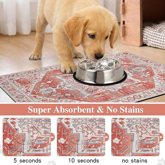 famibay Dog Food Mat, Absorbent Cat Dog Mats for Food and Water, No Stains Quick Dry Pet Cat Bowl Mats with Non Slip Backing, Boho Pet Feeding Mat for Floor Waterproof 12"x20"