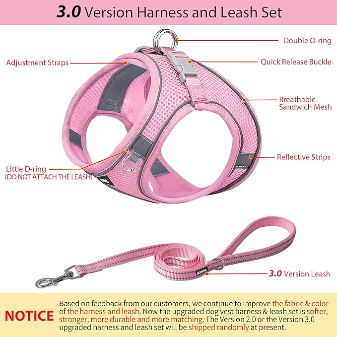 AIITLE Step in Dog Harness and Leash Set - No Pull Escape Proof Vest Harnesses with Soft Mesh and Reflective Bands, Adjustable Pet Outdoor Harnesses for Small and Medium Dogs Pure Pink M