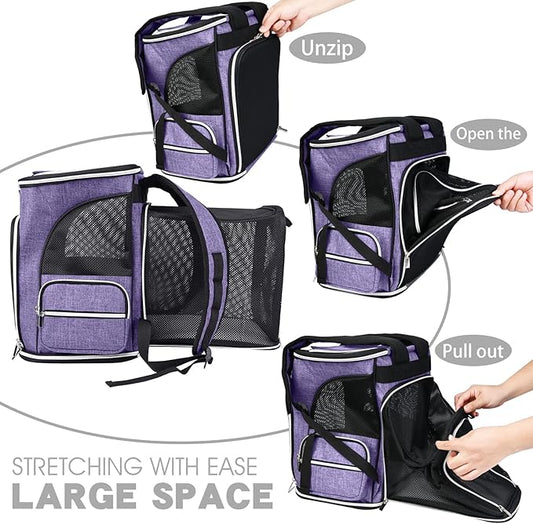 BAGLHER Expandable Pet Carrier Backpack，Pet Backpack for Small Cats Puppies Dogs Bunny, Airline-Approved Ventilate Backpack for Travel, Hiking and Outdoor Use. Purple