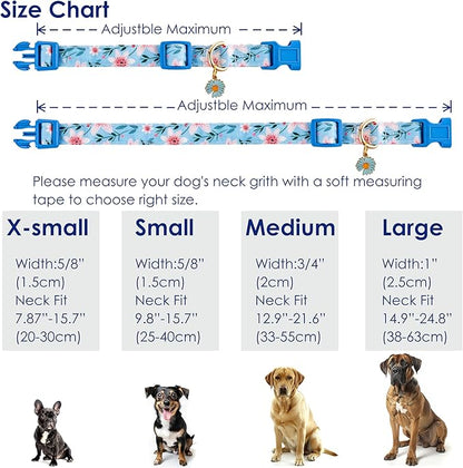 Cotton Dog Collar Blue Flower Pattern for Boys and Girls Cute Dog Collars Summer Fall Gift Adjustable for Small to Medium Breed Dogs (XS)
