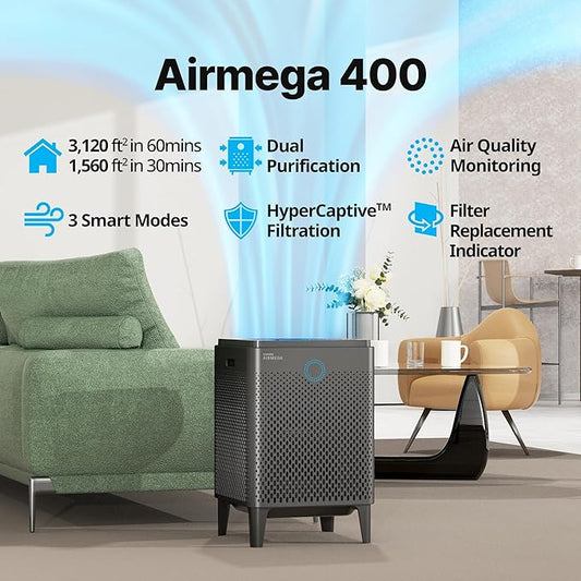COWAY Air Purifier for Home Large Room Up to 3,120ft², Washable Pre-Filter and HEPA Filter for Smoke, Allergies, Pet Dander, Odor, AQI, Auto & Sleep Mode, Timer, 5yr Warranty, Airmega 400(G)