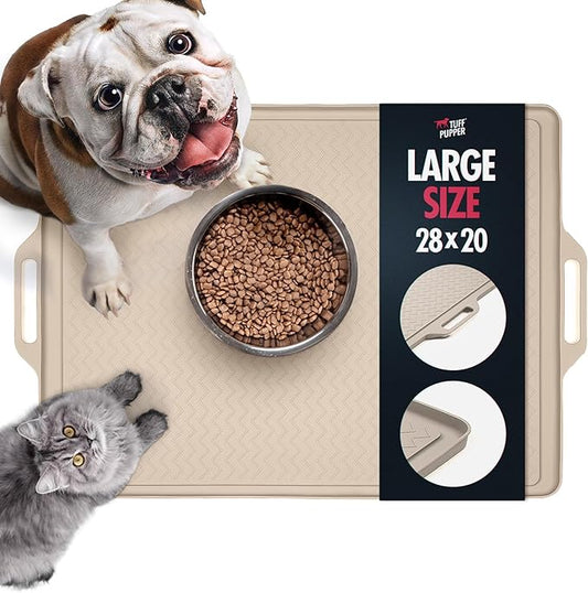 Tuff Pupper 28x20 Large Dog Feeding Mat for Food and Water | Dog Food Mats for Floors | Waterproof Dogs Water Bowl Mats | Dogs Placemats Pet Food-Mat | Silicone Feeding Mat for Cats and Cat Bowls