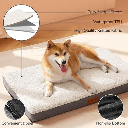 Patas Lague Orthopedic XL Dog Bed Large Sized Dog 48''X30'', Soft Waterproof Egg Crate Foam Large Pet Crate Beds Mat with Removable Washable Cover and Non-Slip Bottom, Ivory