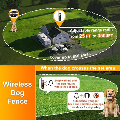 MIMOFPET Wireless Dog Fence System with Training Remote - Up to 3500ft Adjustable Electric Fence,Waterproof Training Collar Rechargeable,Pet Containment System for Large Medium Dogs
