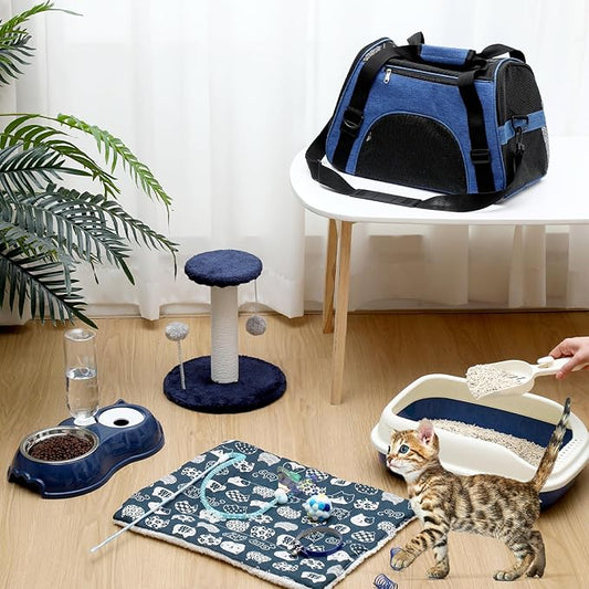 Eccliy Kitten Starter Kit, 10 Pcs Cat Starter Kit for Indoor Cats Kitten Essentials Includes Litter Box, Pet Toy, Folding Carrier, Climbing Frame, Mat, Collar, Automatic Food Bowl (Classic,Dark Blue)