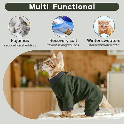 PUMYPOREITY Sticky Hair Cat Clothes, Prevent Hair Loss Cat Pajamas, Soft Cat Sweaters for Cats Only, Cat Hair Sticky Onesie, Cat Recovery Suit After Surgery, Green, S