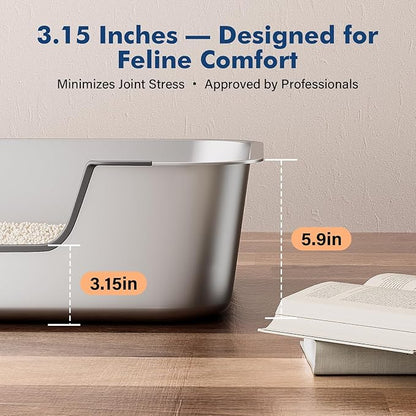 Stainless Steel Cat Litter Box with Low Entry, Large Metal Kitty Litter Box for Senior or Injured Cats, Odor-Free, Non-Stick, Easy to Clean, 23.4"x15.6"x5.9", for Multiple Cats