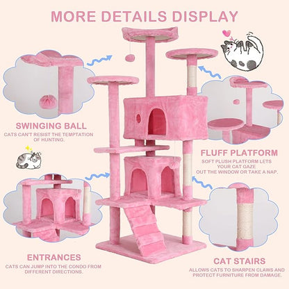 Heavy Duty Cat Tree Tower, 54" Tall Cat Tower for Indoor Cats with Cat Scratching Post with Bed, Cat Condo, Hanging Ball, Multi-Level Cat Climbing Tower Cat Trees Furniture Activity Center, Pink