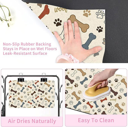Dog Feeding Mat 20 x 12 Inch, Neutral Paw Bone Woof Dog Placemat Absorbent Quick-Dry for Food and Water, Waterproof Non Slip Rubber Pet Bowl Pad Mat for Floors