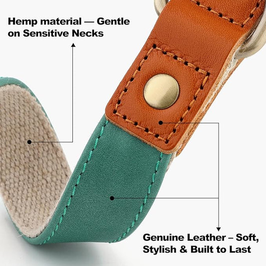 Plutus Pet Genuine Leather & Hemp Dog Collar – Adjustable Heavy Duty Pet Collar with Quick Release Metal Buckle, Soft & Stylish for Puppy and Small, Medium, Large Dogs (Green, XS)