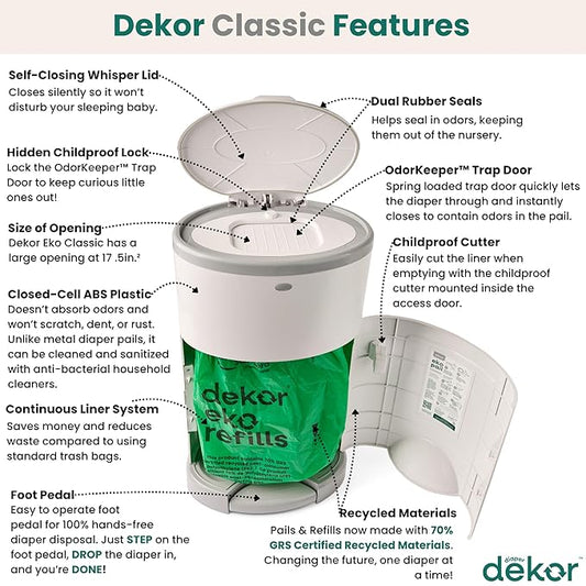 Diaper Dekor EKO Classic Diaper Pail, White | ONLY Eco-Friendly Diaper Pail Made with 70% Recycled Materials | Hands-Free: Step–Drop–Done | Cost-Effective Refill System