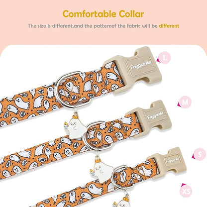 Faygarsle Halloween Ghost Pattern Dog Collar with Charm, Orange and White,for Small Medium Large Dogs S