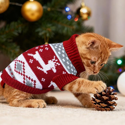 Cat Christmas Sweater Pet Winter Warm Coat Pajamas Reindeer Snowflake Knitwear Cat Sweater for Cats Kitty Puppy (Reindeer, XS)
