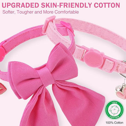 Cat Collar Breakaway with Bells, Soft Pure Cotton Pink Cat Bowtie Collar for Girl Cats, Small Cats Collar with Bow for Spring Summer, 2 Pack Cute Kitten Collars with Removable Bowtie 8-12Inch