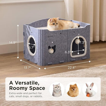 Joydeco Cat House for Indoor Cats, Extra Wide Scratch Resistant Felt Cat Condo, Hideaway Pet Cave Bed with Fluffy Ball and Tunnel for Kitten, Small Dogs, Rabbits, 22.4 x 13.7 x 14.9, Grey