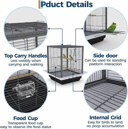GarveeHome Small Bird Cage with Wheels, Parakeet Cage, Bird Carrier for Parakeets, Canaries, Lovebirds, Small Quaker, Cockatiels, Budgie, Green Cheek (20in Hammertone Black)