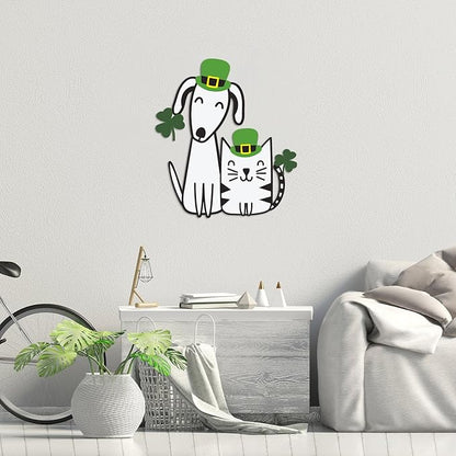 Fiwochic St Patrick's Dogs Cat Decorations Metal Shamrock Wall Art Irish Pet Hanging Signs Farmhouse Rustic Irish Clover Green Decor Gift for Front Door Porch Hallway Outdoor Garden 15.8 x 12 Inch