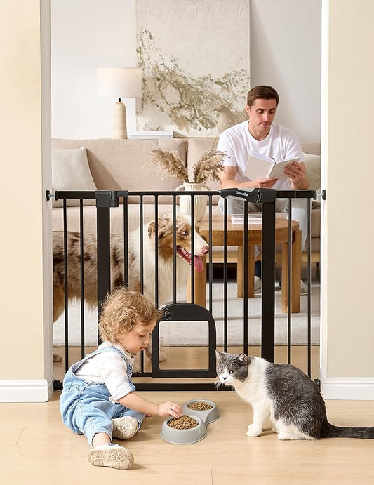 Babelio Upgraded Baby Gate with Cat Door, Auto Close Durable Dog Gate for Stairs, Doorways and House, Easy Walk Thru Safety Gate with Pet Door Includes 4 Wall Cups, 29-48" Wide, 30" Tall, Black