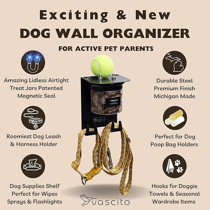Dog Treat Holder For Wall Storage For Pets, Premium Pet Wall Organizer, Includes One 16oz Airtight Dog Treat Jar, 2 Sets of Triple Hooks, Sturdy Shelf in Modern Black