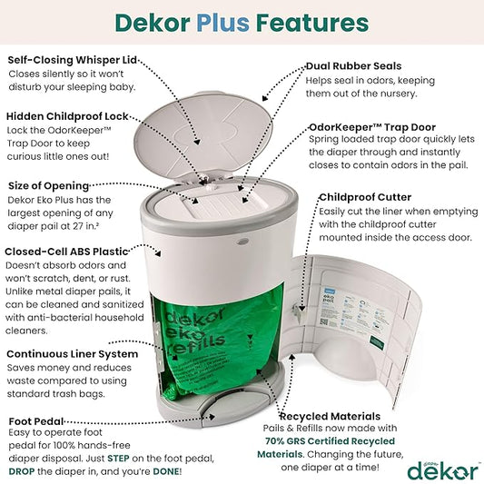 Diaper Dekor Plus Hands-Free Diaper Pail | Largest & Easiest to Use | Just Step–Drop–Done | Doesn’t Absorb Odors | Quick Bag Change | Great for Cloth Diapers | 70% Recycled Materials | EKO Gray