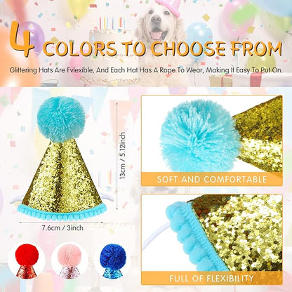 4 Pieces Dog Birthday Hat for Pets Christmas Party Decoration Accessories Pet Headband Hats Charms Grooming Accessories (Red, Pink, Gold, Blue,Fresh Style)