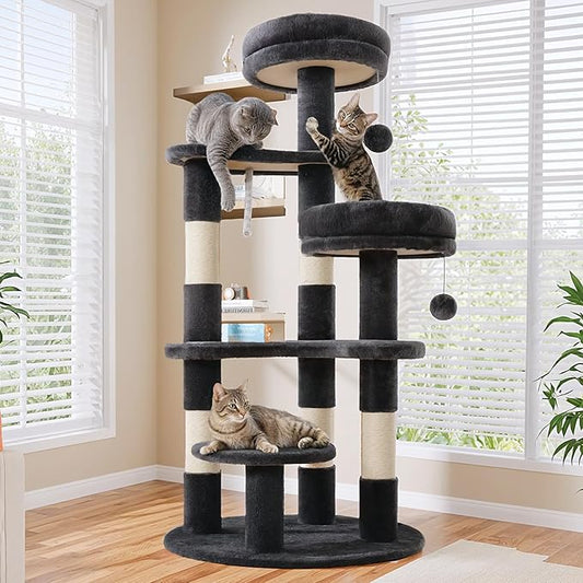 Allewie 55.5 in Cat Tree for Indoor Kitties/Soft Plush Perches/Multi-Level Cat Tower/Sisal Scratching Posts/Crescent Plates/Round Jumping Board/Hanging Ball/Pet Activity Center/Dark Grey