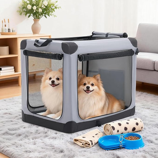 Dog Travel Crate 36 Inch, Portable Soft-Sided Travel Carriers for Dogs and Cats, Foldable Pet Kennel with 3-Doors Mesh Windows Indoor & Outdoor, Grey