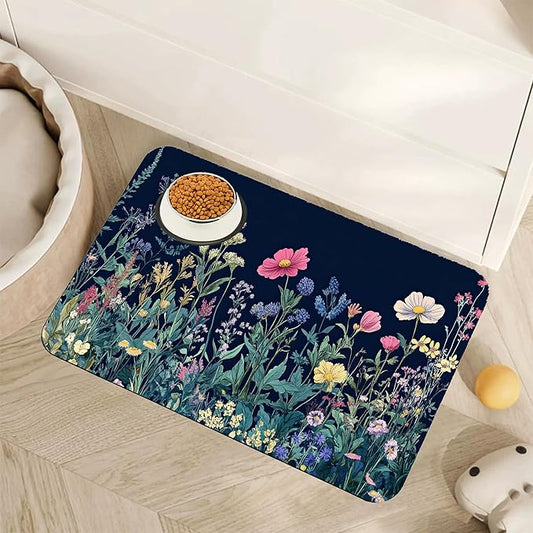 Wildflower Spring Floral Dog Cat Food Mat,Garden Flowers Absorbent Pet Feeding Mat for Food and Water,Non-Slip Dog Bowl Mats Floor Protector 12"x20"
