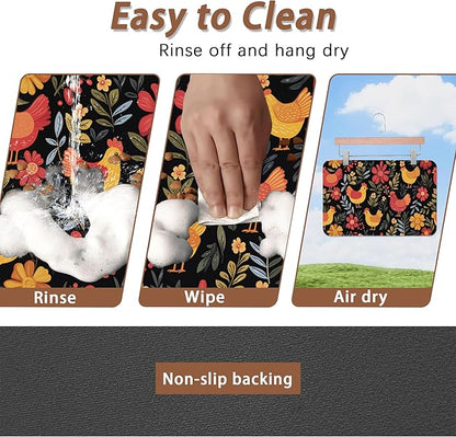 Chicken Rooster Hen Flower Meadow Dog Cat Food Mat,Absorbent Pet Feeding Mat with Rubber Backing,Non-Slip Water Bowl Placemat,Indoor Pet Accessories Supplies 16"x24"