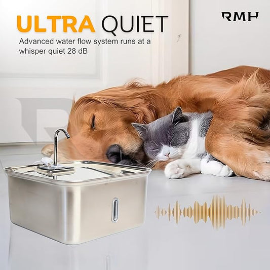 RMH 7L Stainless Steel Dog & Cat Water Fountain with Large Waterproof Mat – Automatic Pet Drinking Fountain for Large Dogs & Multi-Pet Homes, Quiet Pump, 3-Stage Filtration, LED Water Window