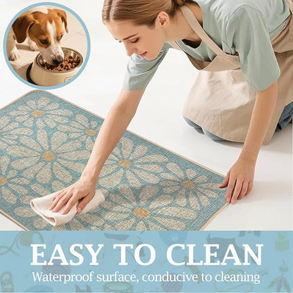 SHIYUE Dog Food Mats for Floors, Absorbent Cat Bowl for Food and Water, Non-Slip Accessories Pet Supplies(12"x20",Sky Blue Flower)