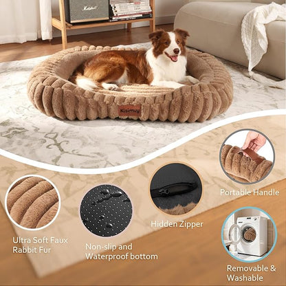 Orthopedic Dog Bed for Large Dogs, Comfort-Sided Calming Pet Bed with Breathable Memory Foam, Plush Faux Rabbit Fur & Non-Slip Bottom, Machine Washable with Carry Handle, 35"x27"x5.5", Brown