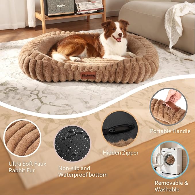 Cute Washable Dog Bed for Small Dogs -Soft Plush Calming Puppy & Cat Bed with Anti-Slip Bottom, Rectangle Anti-Anxiety Puppy Kennel Bed with Handle, 25" x 21" x 4", Brown