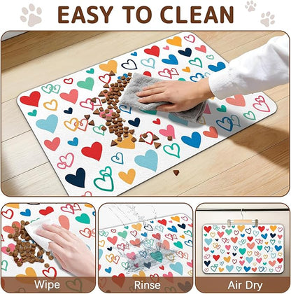 Dog Food Mat for Bowls, Absorbent Quick Dry Dog Cat Mats for Food and Water, Non-Slip Backing Pet Mat Pet Supplies - Heart Pattern