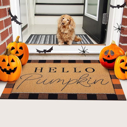 Tinideya 2 Pcs Door Mat Welcome Non Slip Coir Mats Floor Layering Doormats Seasonal for Front Porch Entryway Decor(Black Orange)
