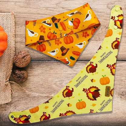 Thanksgiving Dog Bandanas with Snap Button, 2 Pack Adjustable Fall Bandanas for Small, Medium, and Large Dogs, Pumpkin Pet Scarf for Autumn Costume Accessory & Photo Shoot (X-Large)