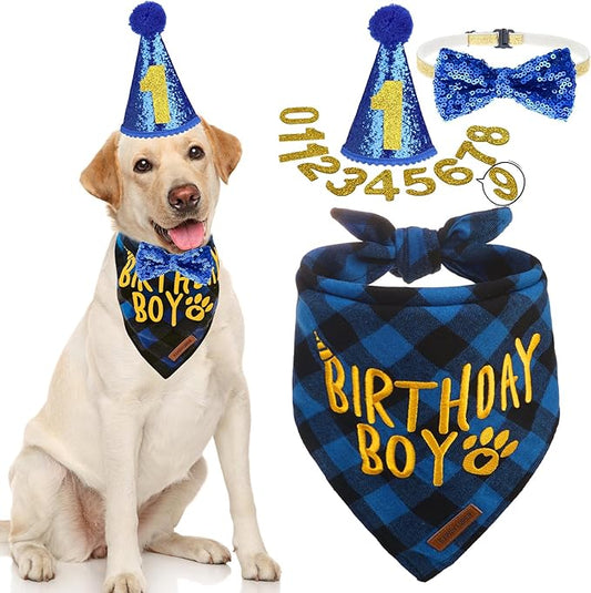 EXPAWLORER Dog Birthday Party Supplies - Dog Birthday Bandana Scarf and Party Hat with Numbers Boy Girl Pet Bow Tie, Cute Outfit for Small Medium Large Dogs (Large)