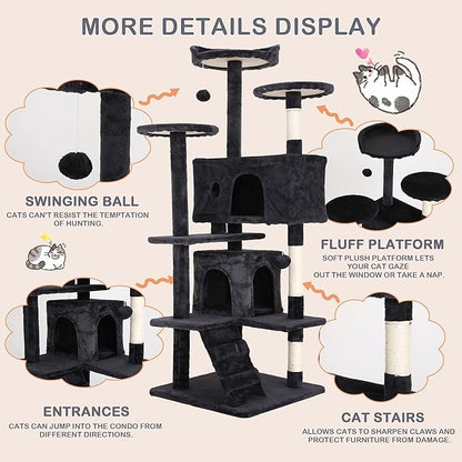 Heavy Duty Cat Tree Tower, 54" Tall Cat Tower for Indoor Cats with Cat Scratching Post with Bed, Cat Condo, Hanging Ball, Multi-Level Cat Climbing Tower Cat Trees Furniture Activity Center, Dark Grey