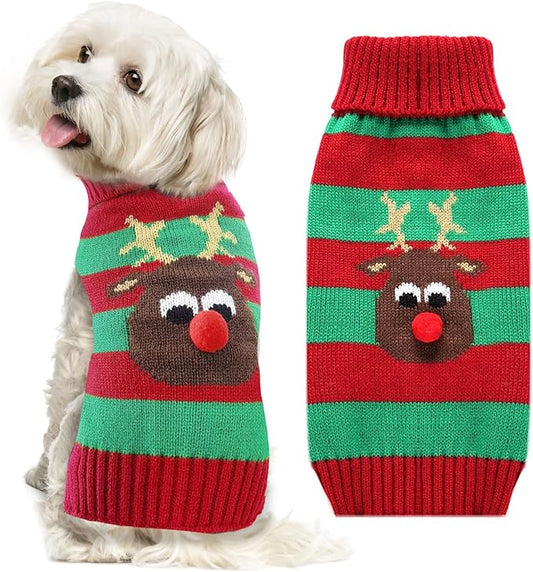 Dog Cat Christmas Sweater Boy Girl Ugly Reindeer Xmas Pet Clothes Holiday Puppy Costume New Year Gifts for Small Medium Large Dogs Outfits (XS, Red Green Stripe Reindeer)