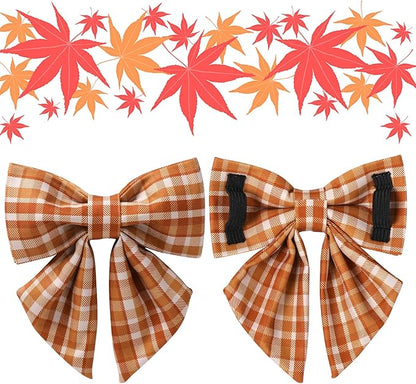 Fall Plaid Dog Collar and Bow Tie Set – Brown Orange Checkered Adjustable Collar with Maple Leaf Charm for Small Medium Large Dogs, Soft Cotton Puppy Collar with Quick Release Buckle